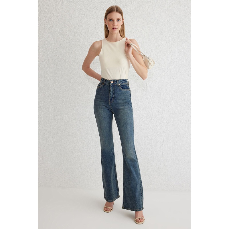 Women's Navy Blue Plain Flare High Waist Jeans
