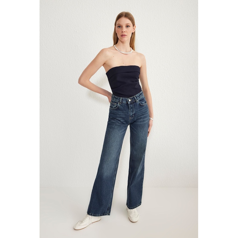 Women's Navy Blue Plain Wide Leg High Waist Jeans
