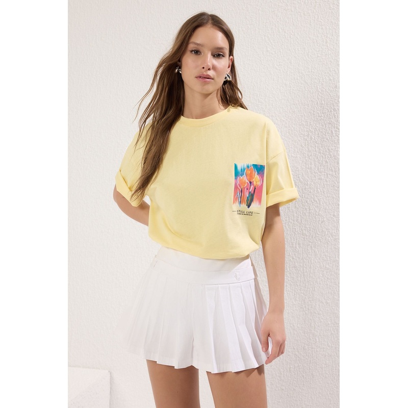 Women's Yellow Printed Short Oversized T-Shirt