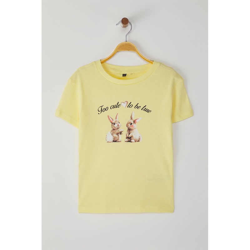 Women's Yellow Printed Short Slim T-Shirt