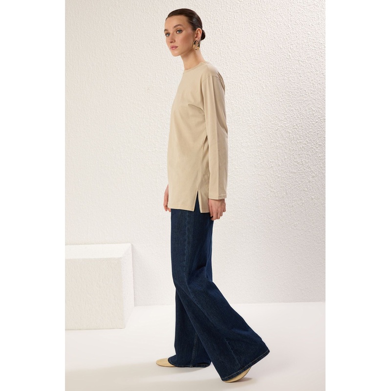 Modest Women's Beige Plain Long Oversize Modest T-Shirt