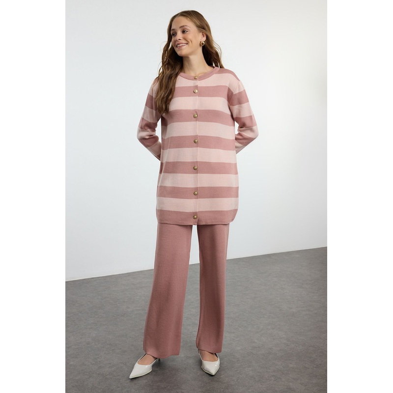 Modest Women's Pink Striped Long Business Regular Hijab Bottom-Top Set