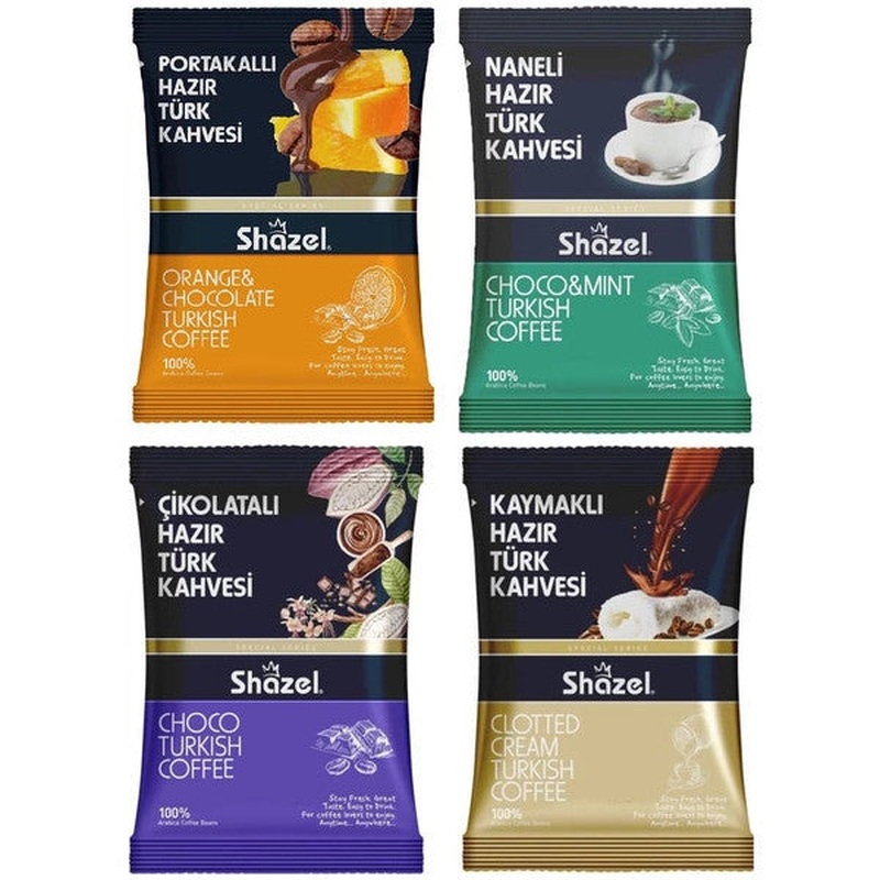 Shazel Instant Turkish Coffee Set Of 4 100G 4 Pieces Cream, Orange, Mint, Chocolate