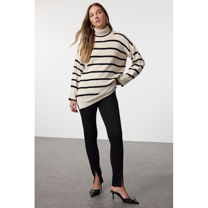 Women's Beige Striped Long Oversized Jumper