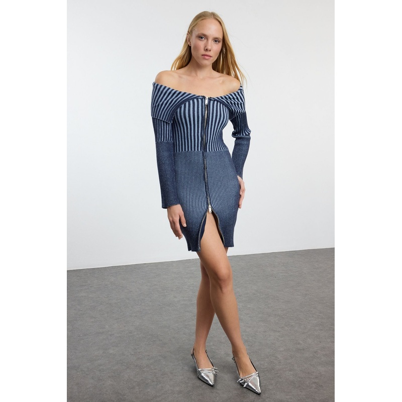 Women's Blue Gradient Mini Long Day And Night Slim Dress