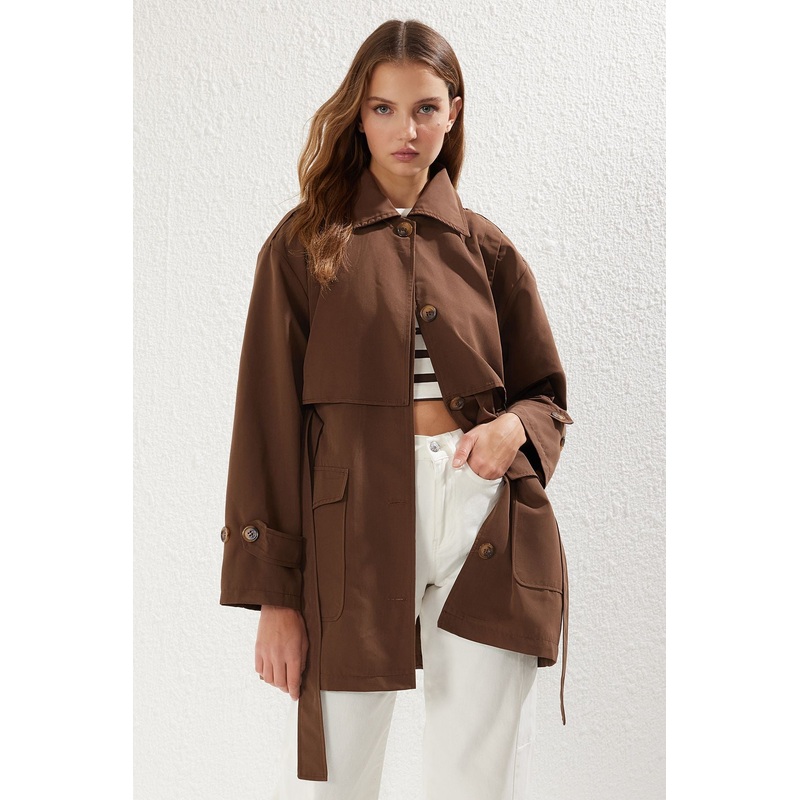 Women's Brown Plain Regular Trench Coat