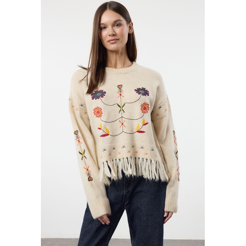 Women's Ecru Embroidered / Embroidered Long Regular Jumper