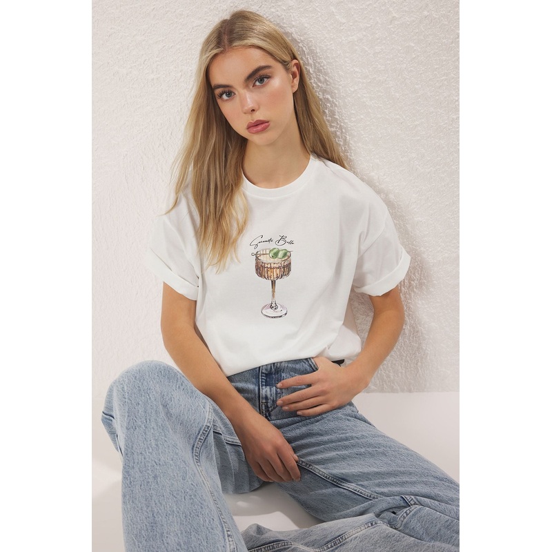 Women's Ecru Printed Short Oversize T-Shirt
