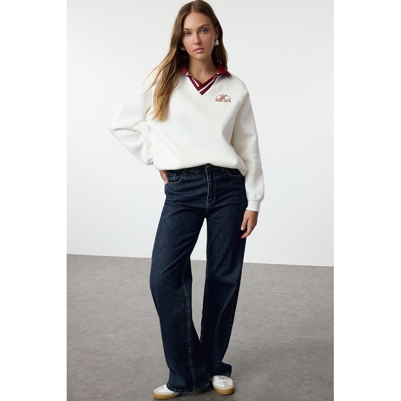 Women's Ecru Slogan Long Oversized Sweatshirt