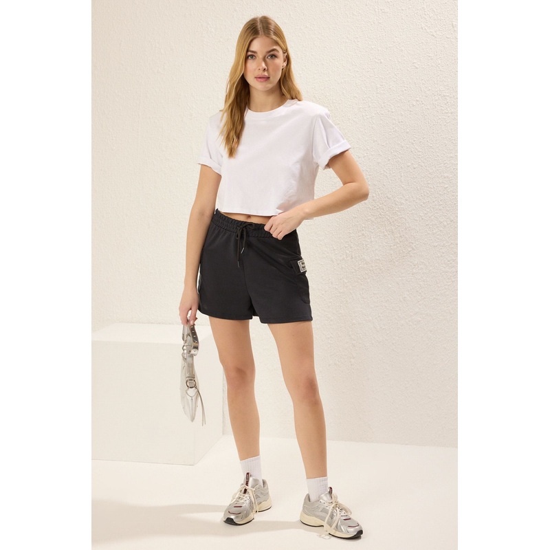 Women's Grey Slogan High Waist Shorts & Bermudas