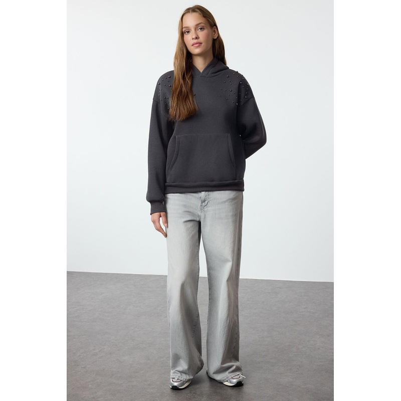 Women's Grey Straight Long Relaxed Sweatshirt