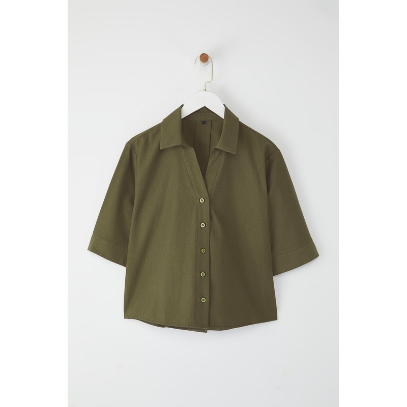 Women's Khaki Straight Three Quarter Sleeve Boxy Shirt