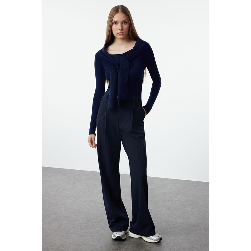 Women's Navy Blue Flat Long Slim Jumper
