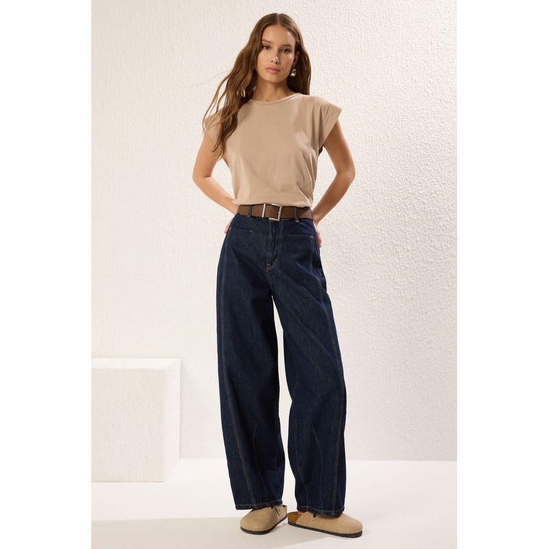 Women's Navy Blue Plain Barrel High Waist Jeans
