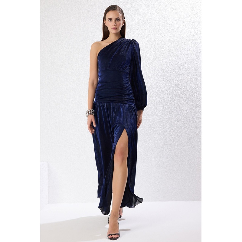 Women's Navy Blue Plain Maxi Long Graduation / Prom Slim Evening & Prom Dress