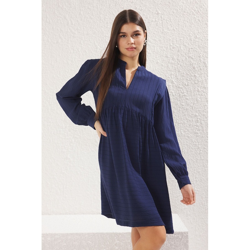 Women's Navy Blue Plain Mini Long Casual Regular Dress