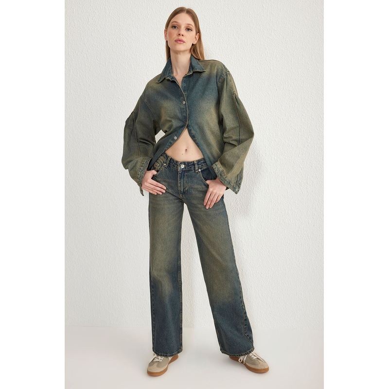 Women's Navy Blue Plain Wide Leg Low Waist Jeans