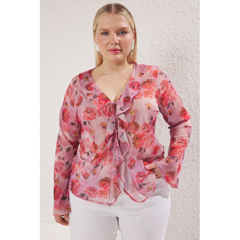 Curve Women's Flowering Long Regular Plus Size Blouse