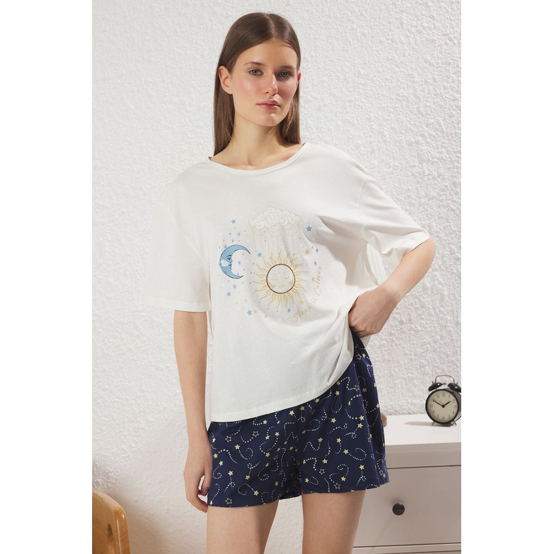 Women's 2 Pack Ecru Galaxy Short Lounge/home Regular Pajama Set