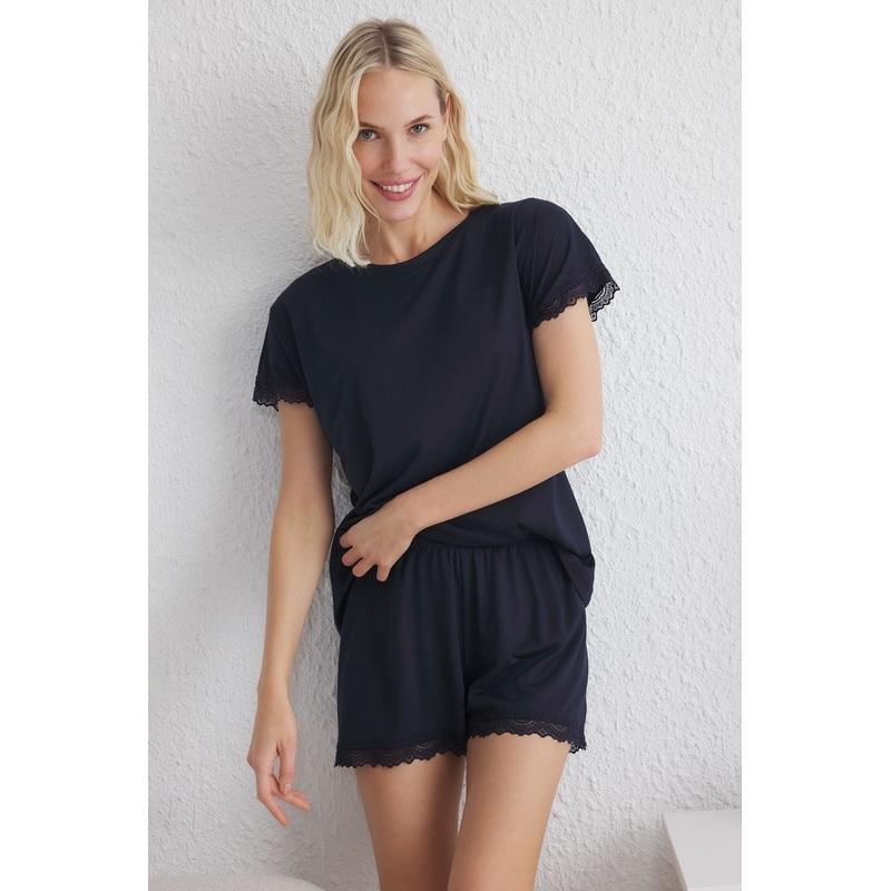 Women's 2 Pack Navy Blue Plain Short Loungewear Regular Pajama Set