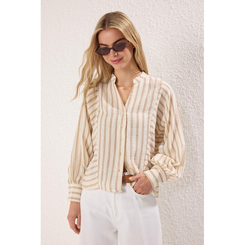 Women's Beige Striped Long Oversize Shirt