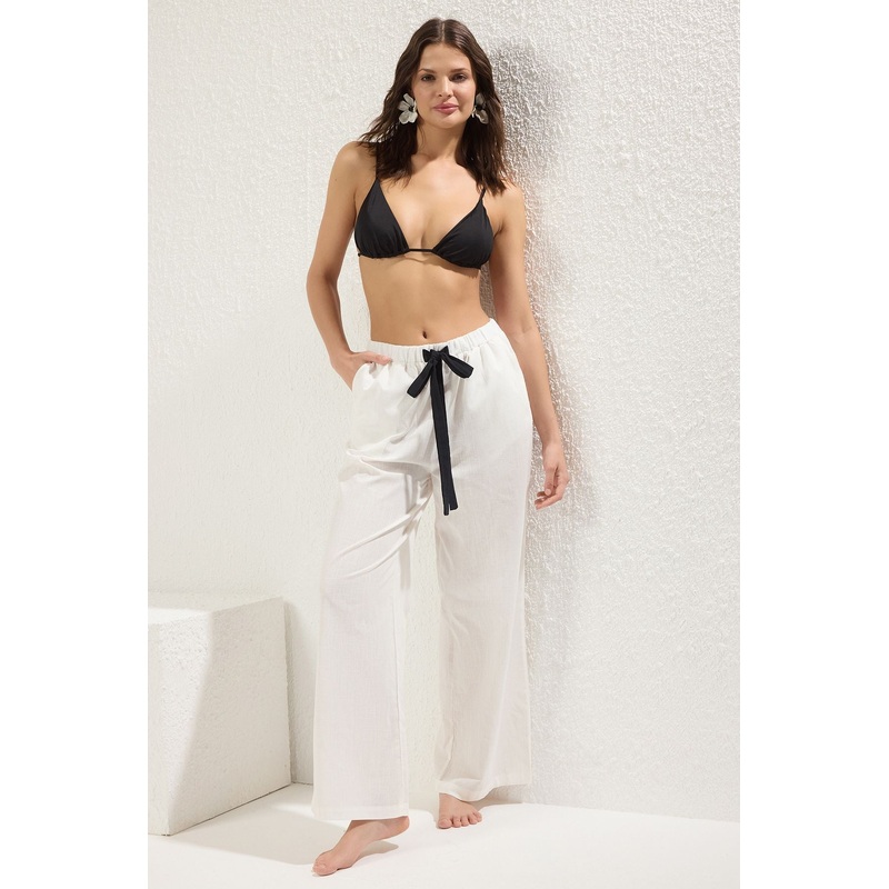 Women's Ecru Printed Normal Waist Trousers