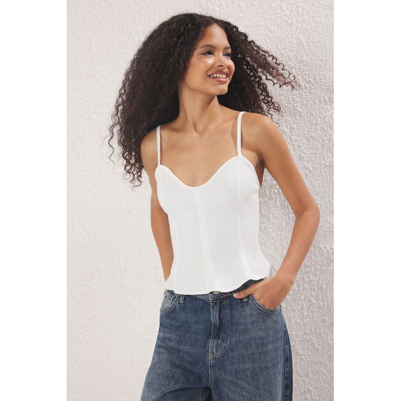 Women's Ecru Straight Sleeveless Slim Fit Blouse