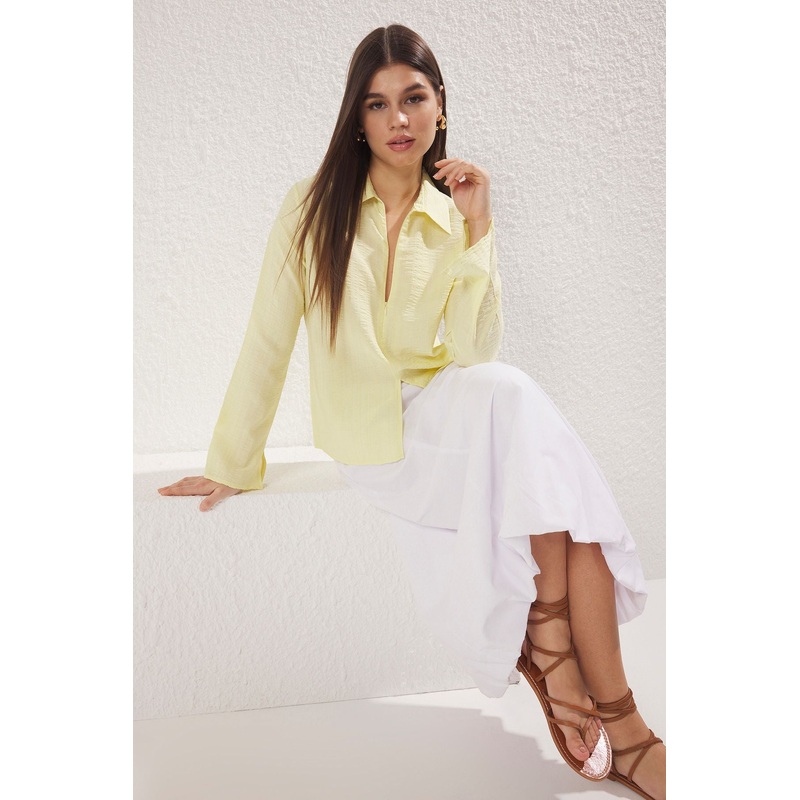 Women's Gelb Plain Long Regular Shirt