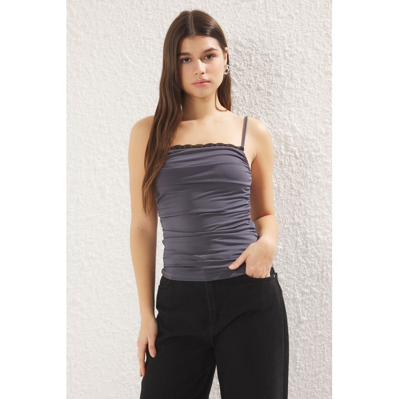 Women's Gray Plain Spaghetti Strap Slim Blouse