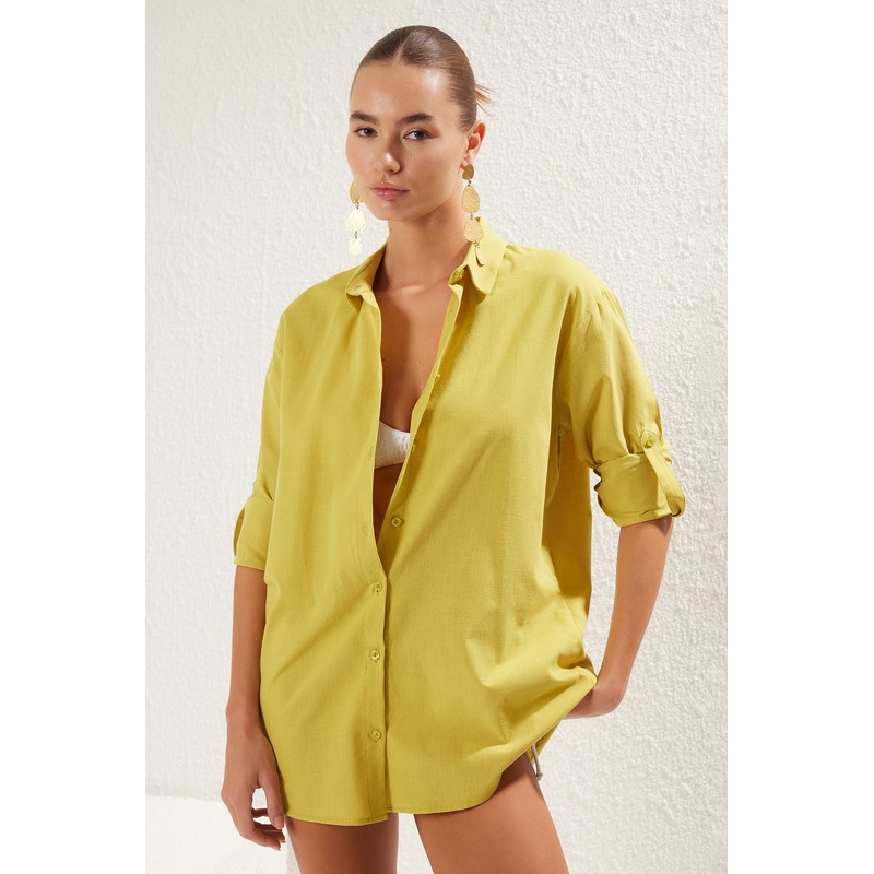 Women's Green Plain Long Relaxed Fit Shirt