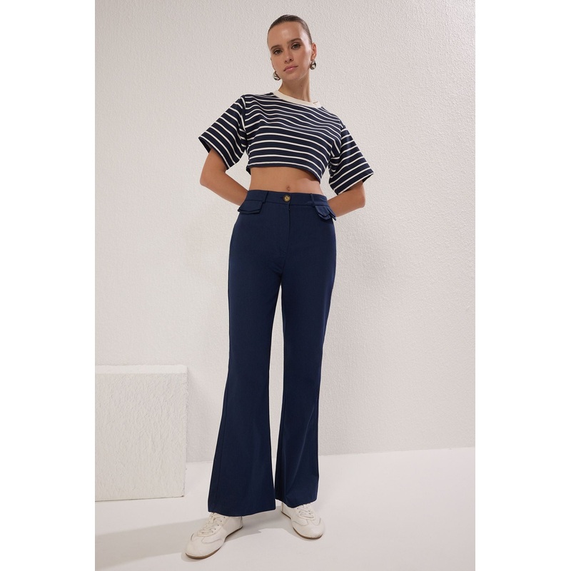 Women's Navy Blue Straight High Waist Trousers