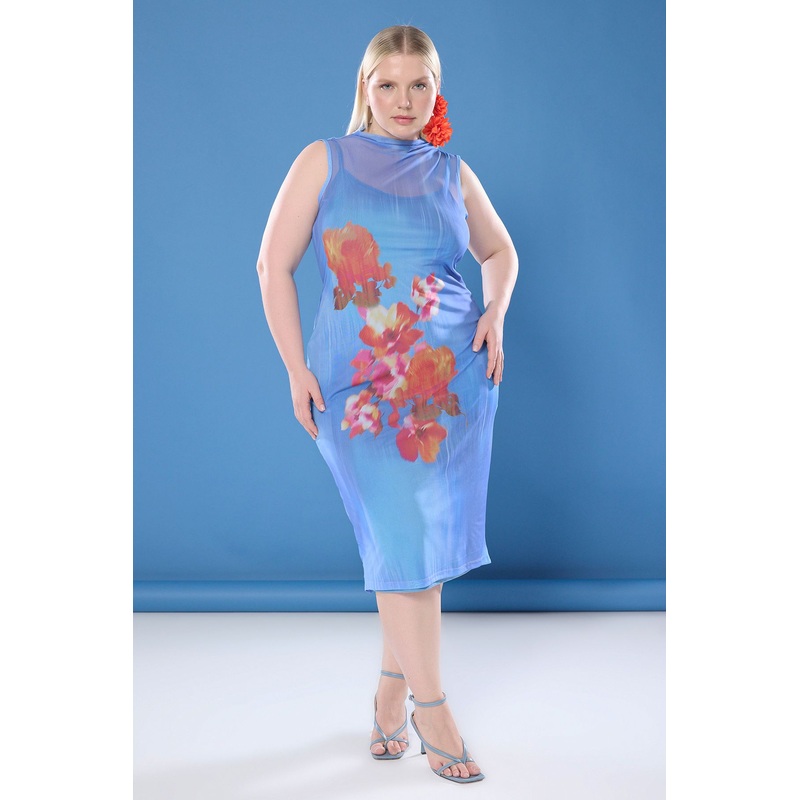 Curve Women's Very Colorful Flowering Midi Sleeveless Casual/daily Slim Plus Size Dress