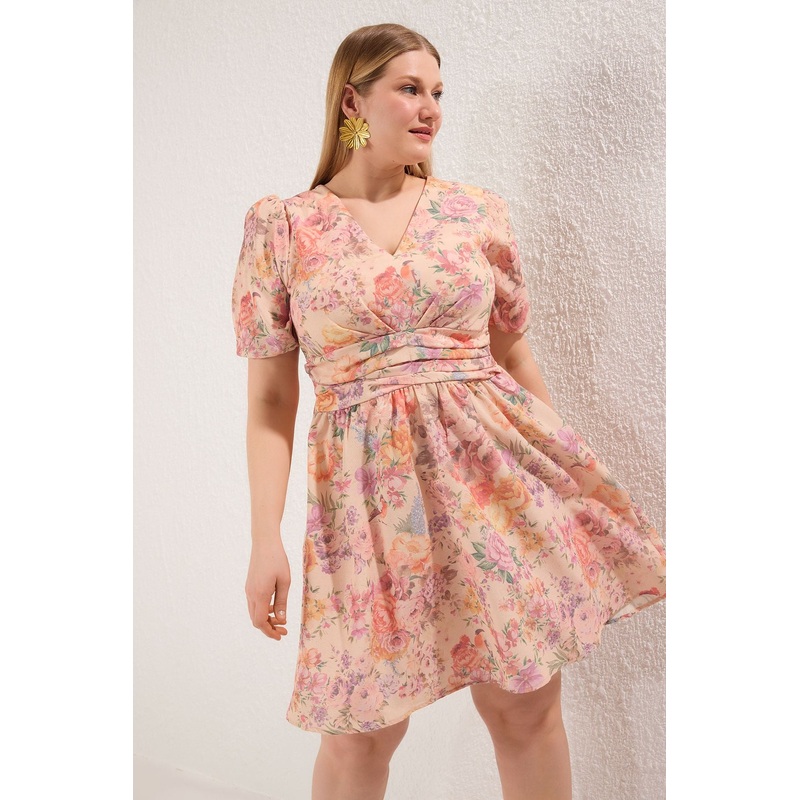 Curve Women's Very Colorful Flowering Mini Short Casual/daily Fitted Plus Size Dress