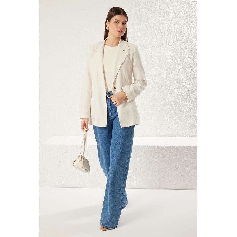 Modest Women's Beige Plain Long Regular Modest Blazer