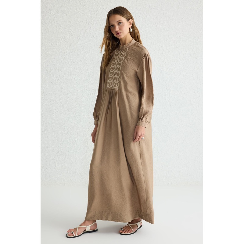 Modest Women's Brown Bestickt/verziert Maxi Long Casual Fitted Modest Dresses