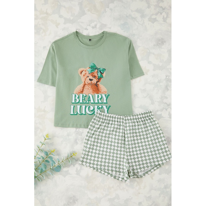 Women's 2 Pack Green Animals Short Lounge/home Regular Pajama Set