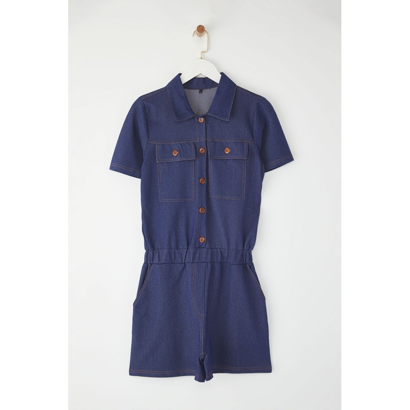 Women's Blue Straight Short Casual/daily Slim Overalls