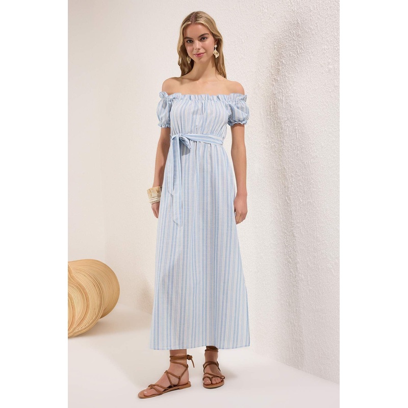 Women's Blue Striped Midi Sleeveless Beachwear Regular Dress