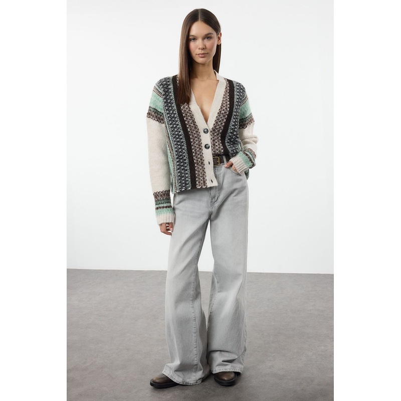 Women's Ecru Color Blocked Long Regular Cardigan