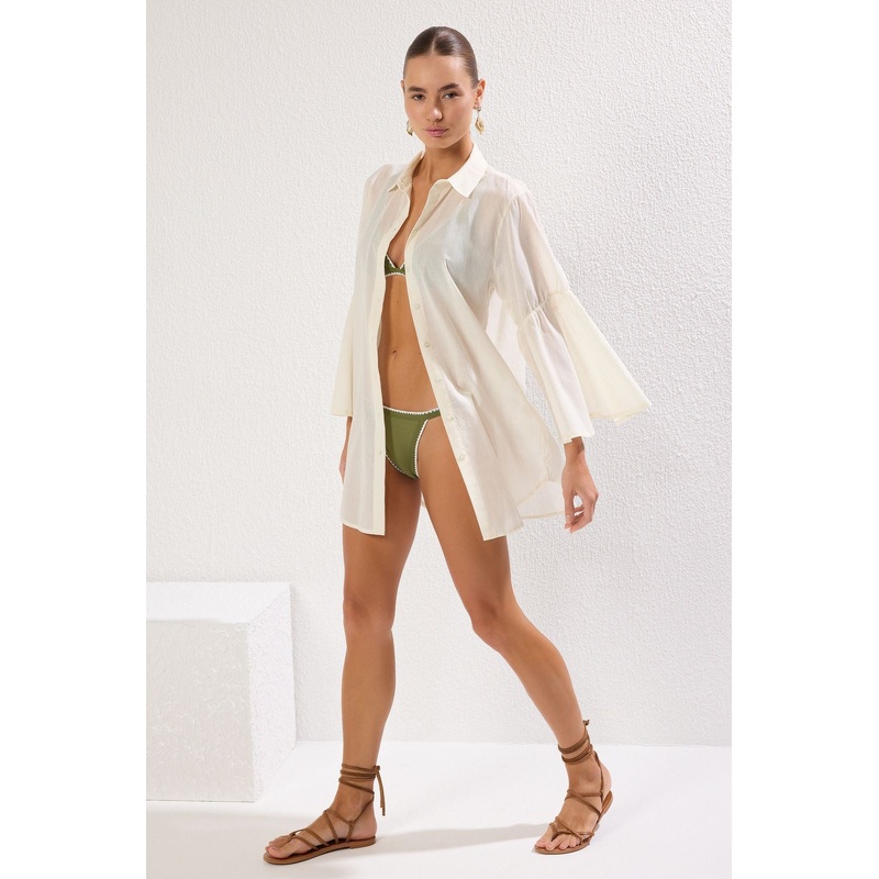 Women's Ecru Printed Midi Spaghetti Strap Beachwear Oversize Dress