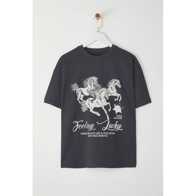 Women's Gray Printed Short Oversize T-Shirt