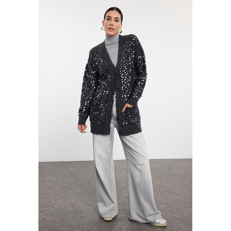 Women's Grey Embroidered / Embroidered Long Regular Cardigan