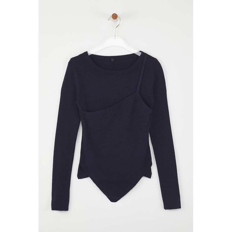 Women's Navy Blue Straight Long Regular Sweater