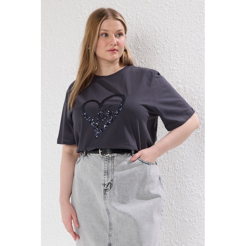 Curve Women's Gray Bestickt/verziert Short Oversize Plus Size T-Shirt