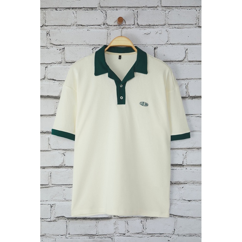 Man Men's Ecru Slogan Short Oversized Polo Neck T-Shirt