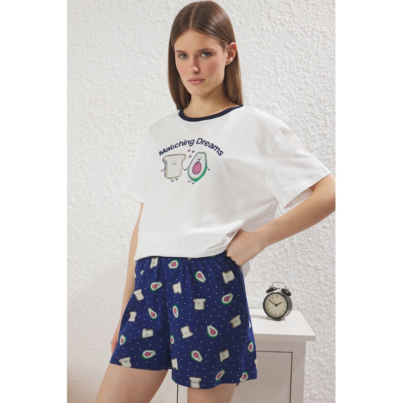 Women's 2 Pack Ecru Printed Short Lounge/home Regular Pajama Set