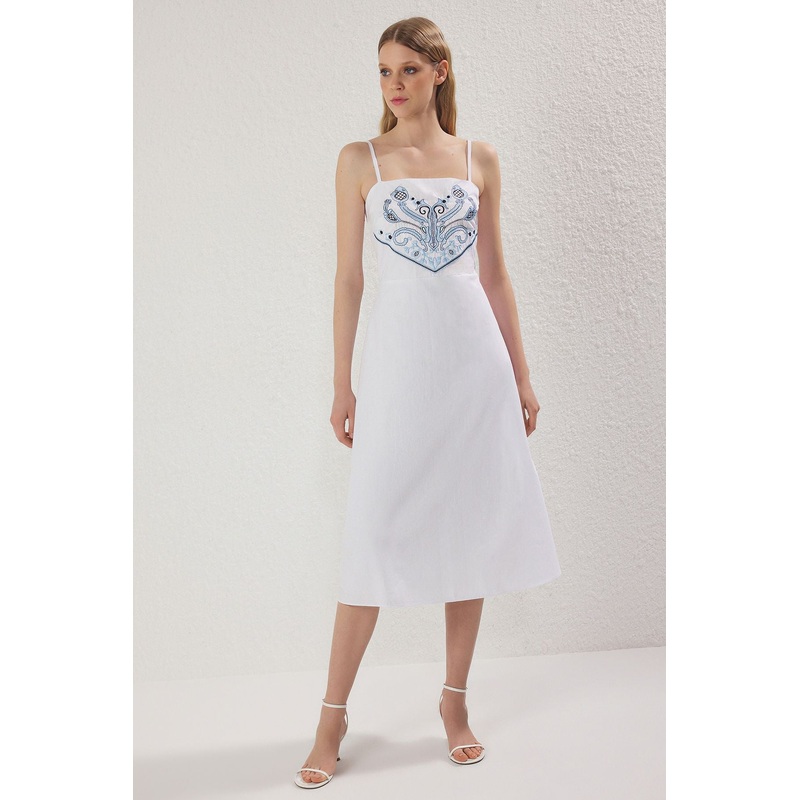 Women's Ecru Embroidered / Embroidered Midi Hanging Casual/daily Regular Dress