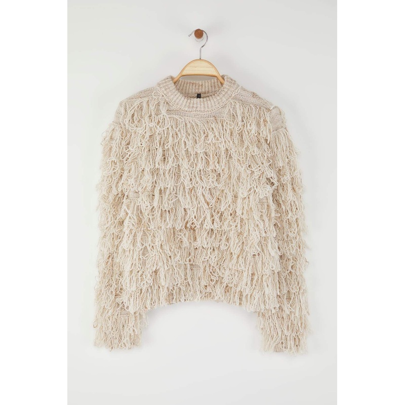 Women's Gray Textured Long Regular Sweater