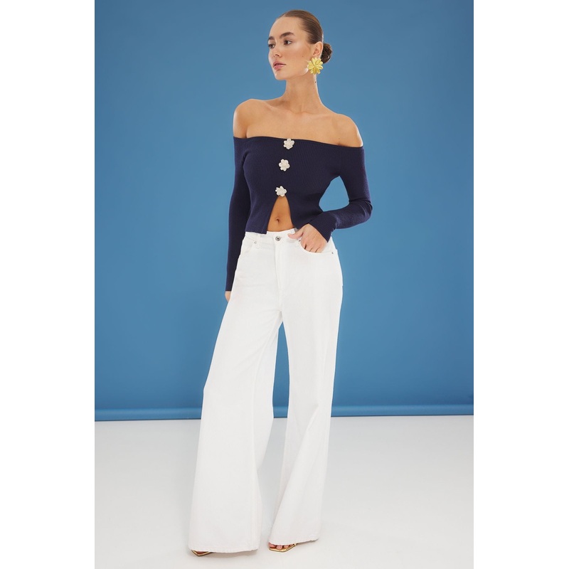 Women's Navy Blue Plain Long Slim Sweater