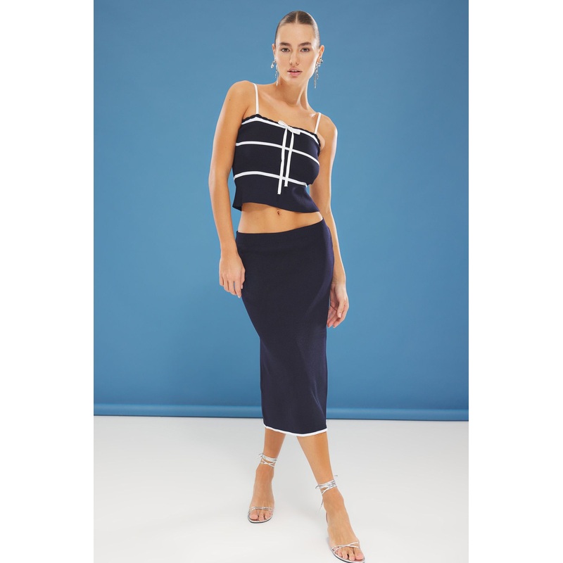 Women's Navy Blue Striped Spaghetti Strap Casual Regular Two Piece Sets